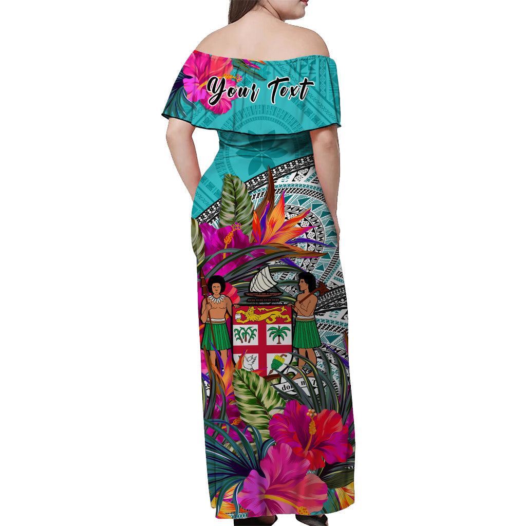 Custom Personalised Fiji Tapa Off Shoulder Long Dress Green Fijian Masi Be Loved Hibiscus