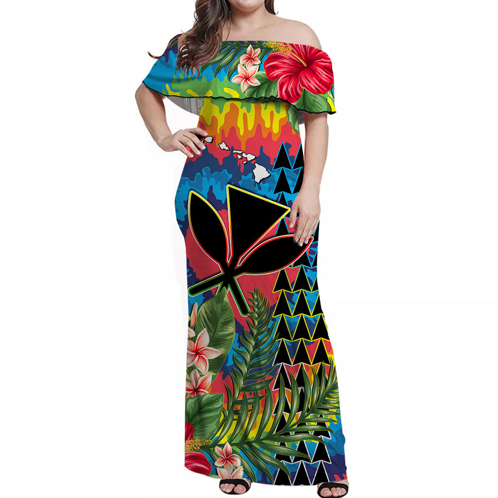 Custom Personalised Hawaii Rainbow Tie Dye Off Shoulder Long Dress Flowers Polynesian Hawaiian Tribal