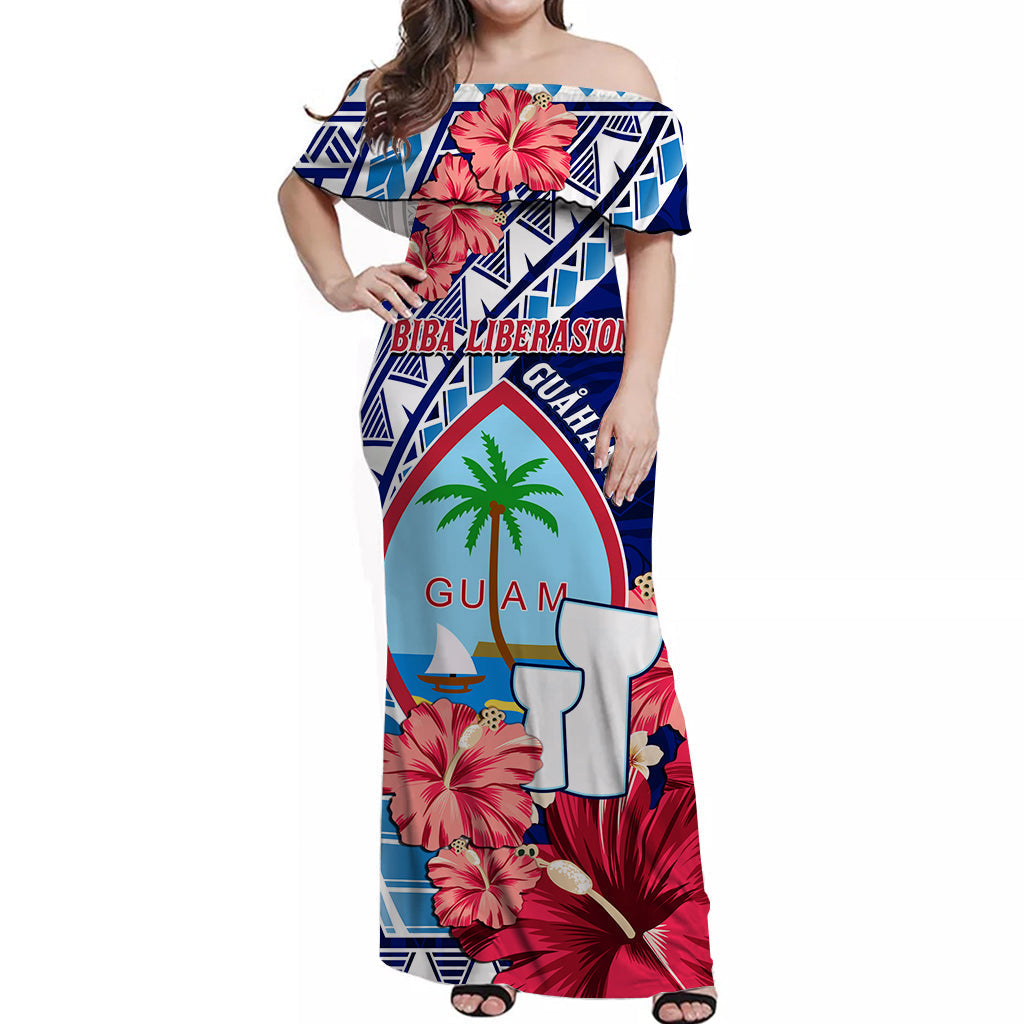 Guam Chamorro Off Shoulder Long Dress Happy Liberation Day Latte Stone