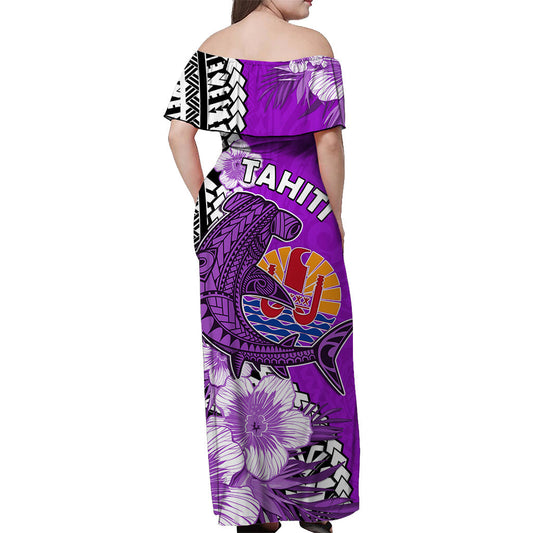 Tahiti Islands Off Shoulder Long Dress Polynesian Shark Mix Tropical Flowers Purple Style