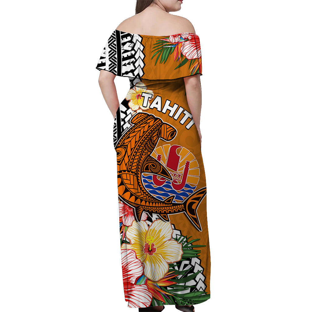Tahiti Islands Off Shoulder Long Dress Polynesian Shark Mix Tropical Flowers Orange Style