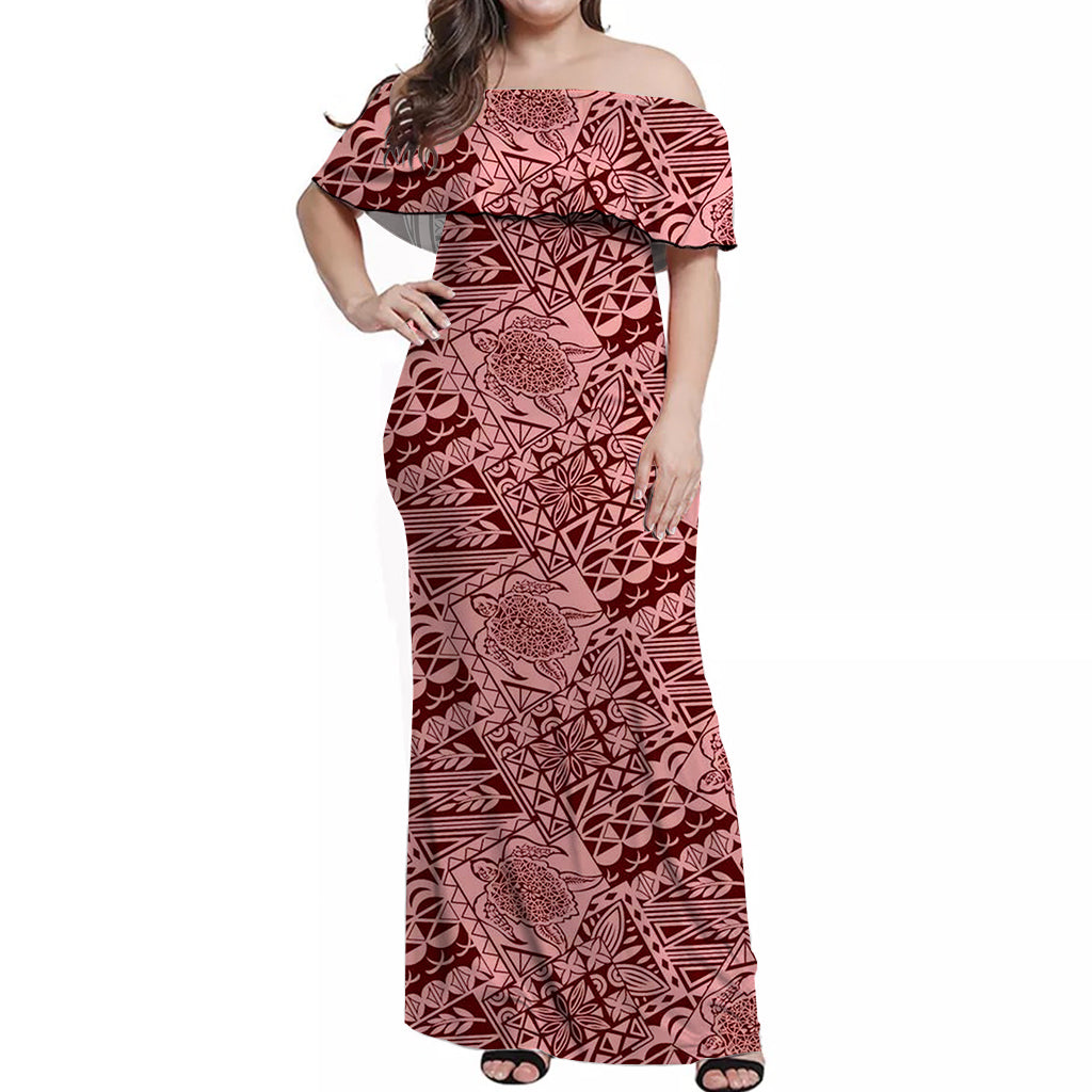 Hawaii Off Shoulder Long Dress Turtle Mix Polynesian Ver.01