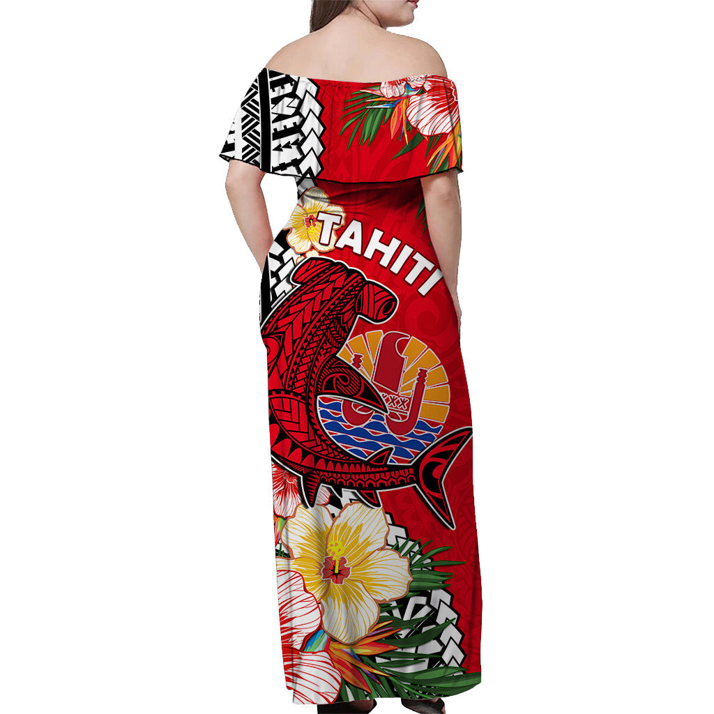 Tahiti Islands Off Shoulder Long Dress Polynesian Shark Mix Tropical Flowers Red Style