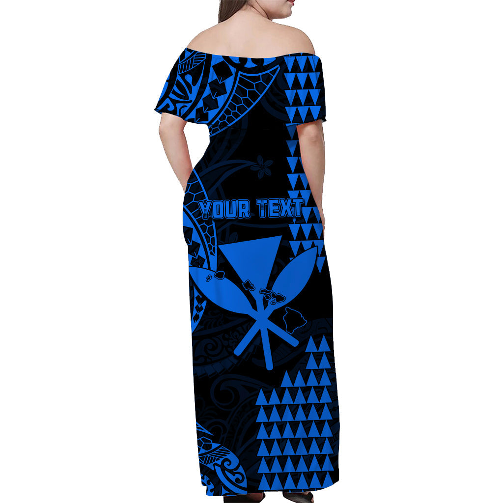 Custom Personalised Hawaii Day Kakau Off Shoulder Long Dress Proud To Be Hawaiian Blue King Kamehameha and Kanaka Maoli