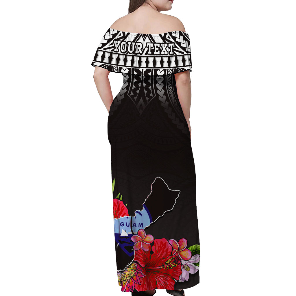 Custom Personalised Guam Chamorro Off Shoulder Long Dress Guaman Latte Stone Tropical Flowers Black Version