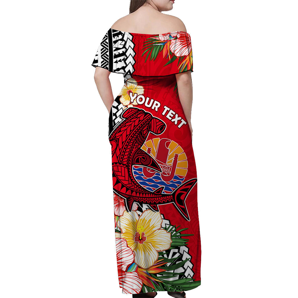 Custom Personalised Tahiti Islands Off Shoulder Long Dress Polynesian Shark Mix Tropical Flowers Red Style