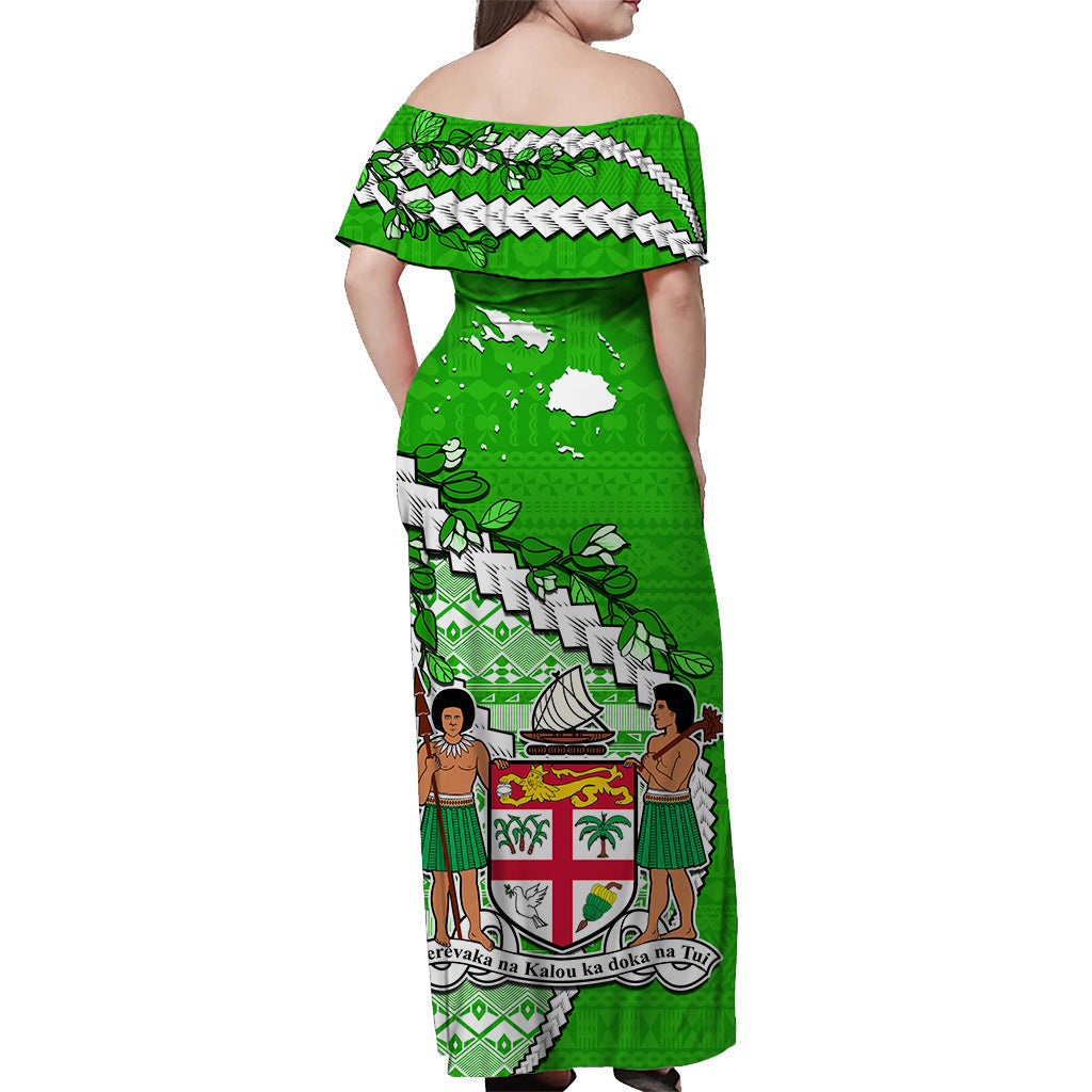 Fiji Off Shoulder Long Dress Fijian Drua Mix Tagimaucia Flower Green Style
