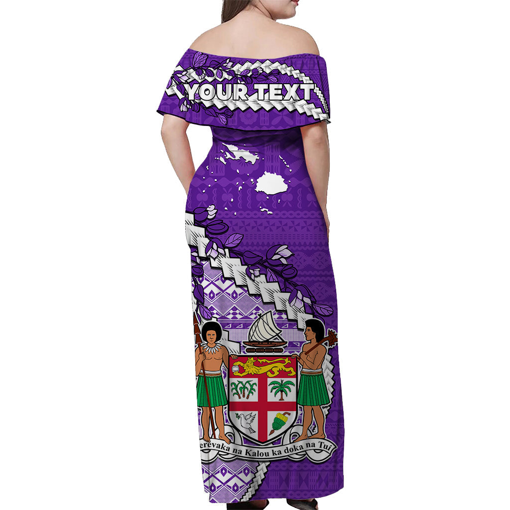 Custom Personalised Fiji Off Shoulder Long Dress Fijian Drua Mix Tagimaucia Flower Purple Style