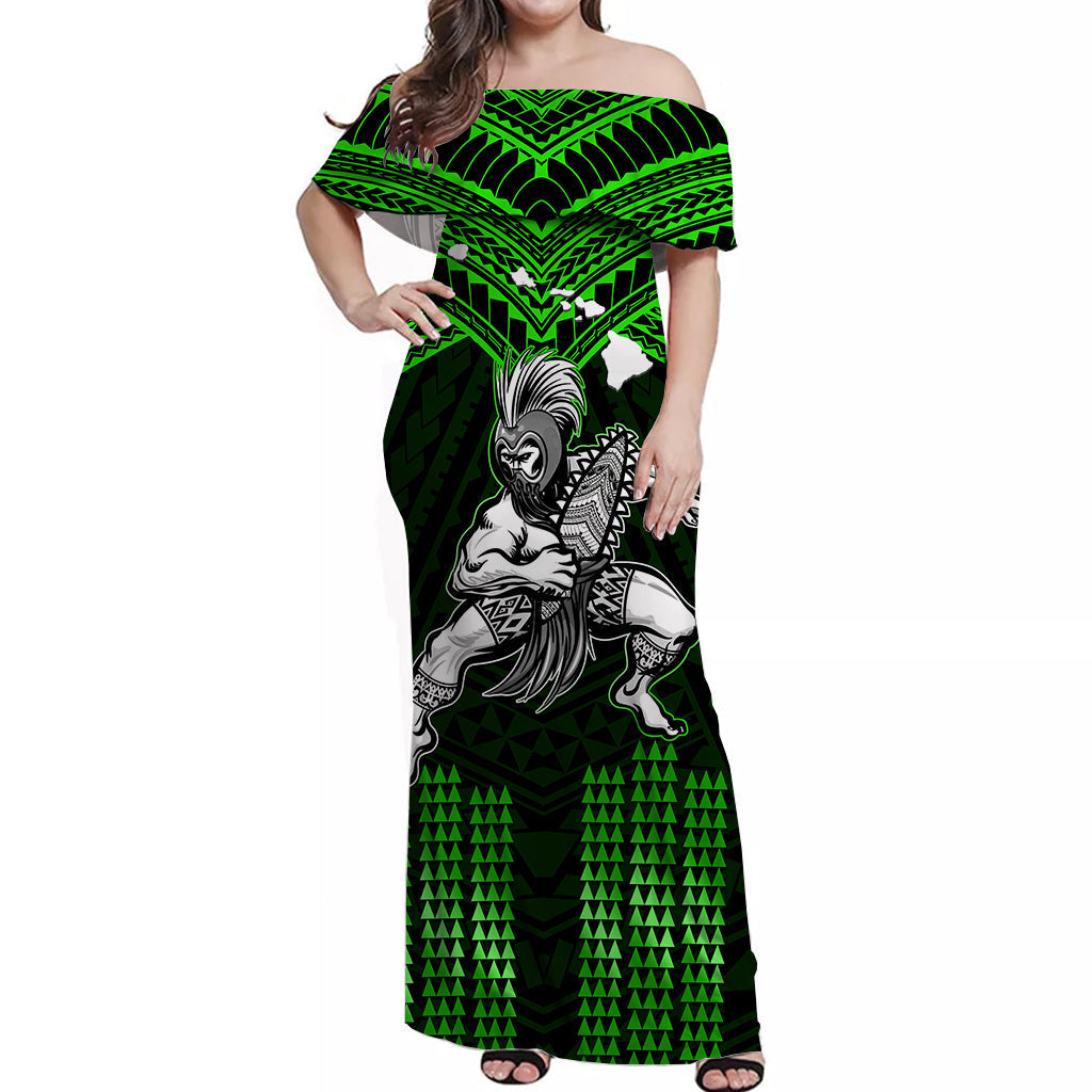 Hawaii Off Shoulder Long Dress Hawaiian Warrior With Weapon Polynesian Ver.03