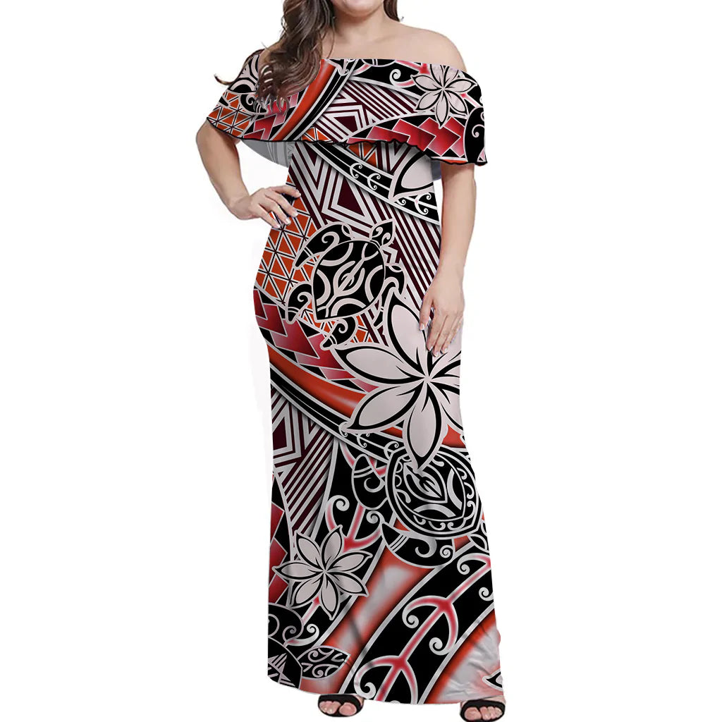 Hawaii Off Shoulder Long Dress Tribal Plumeria With Polynesian Turtle Ver.03