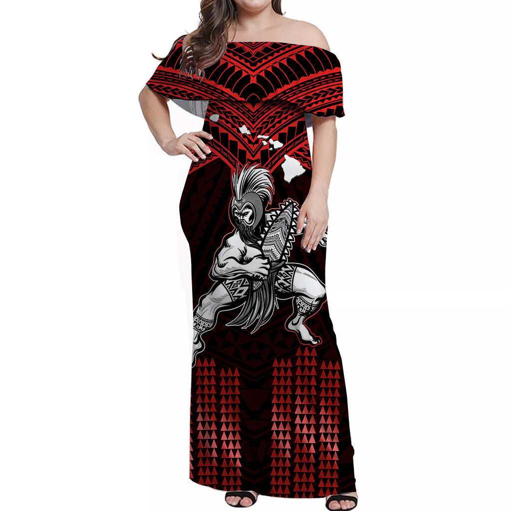 Hawaii Off Shoulder Long Dress Hawaiian Warrior With Weapon Polynesian Ver.05
