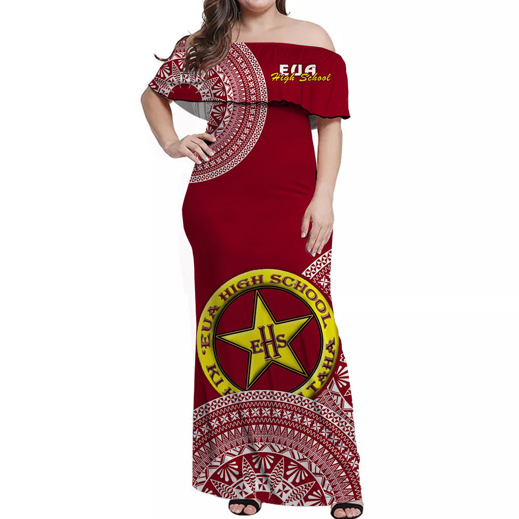 Tonga Eua High School Off Shoulder Long Dress Tongan Ngatu Pattern