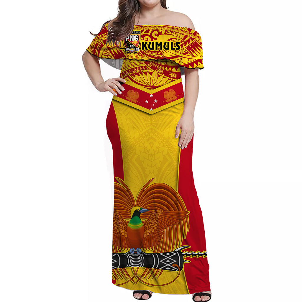 Papua New Guinea Rugby Off Shoulder Long Dress PNG Kumuls Bird Of Paradise Yellow
