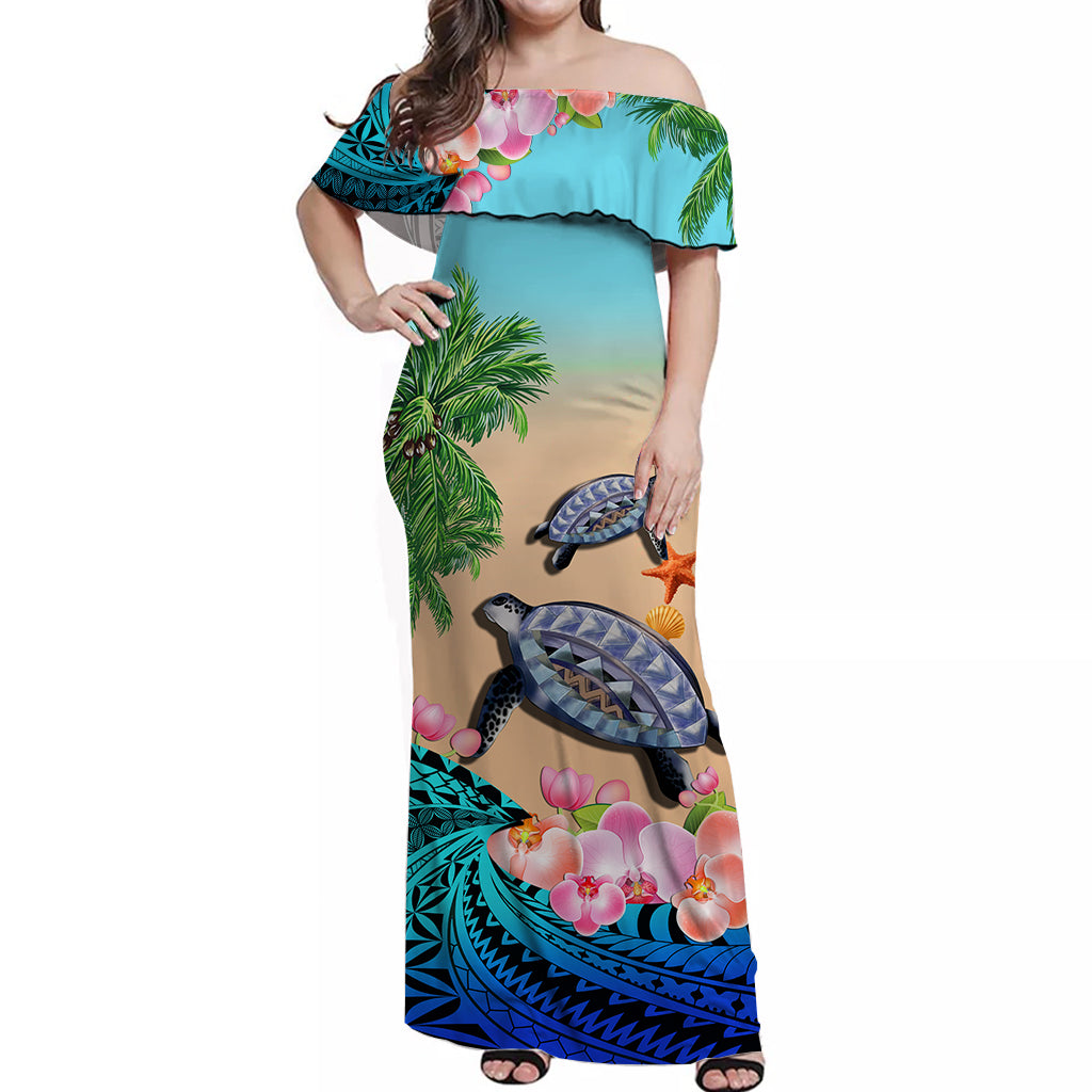 Polynesian Turtle Coconut Tree And Orchids Off Shoulder Long Dress