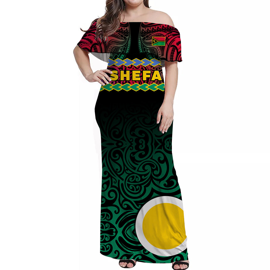 Shefa Province Off Shoulder Long Dress Vanuatu Pig Tusk Polynesian Flag Style