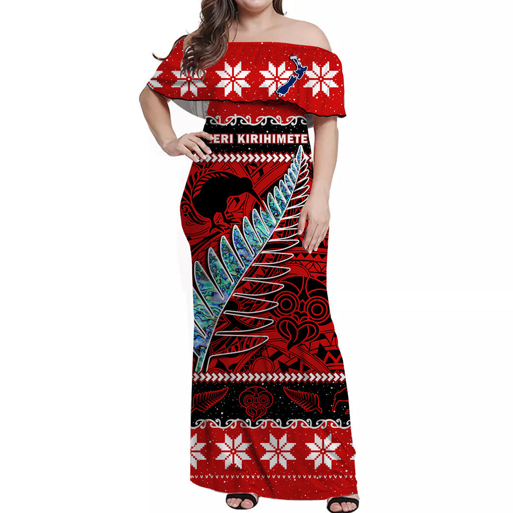 New Zealand Christmas Off Shoulder Long Dress Paua Shell Silver Fern Meri Kirihimete
