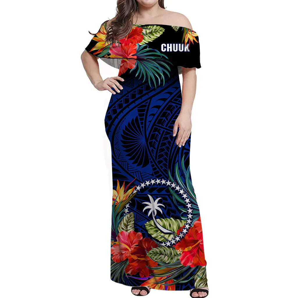 Chuuk State Off Shoulder Long Dress FSM Hibiscus Flowers Mix Polynesian