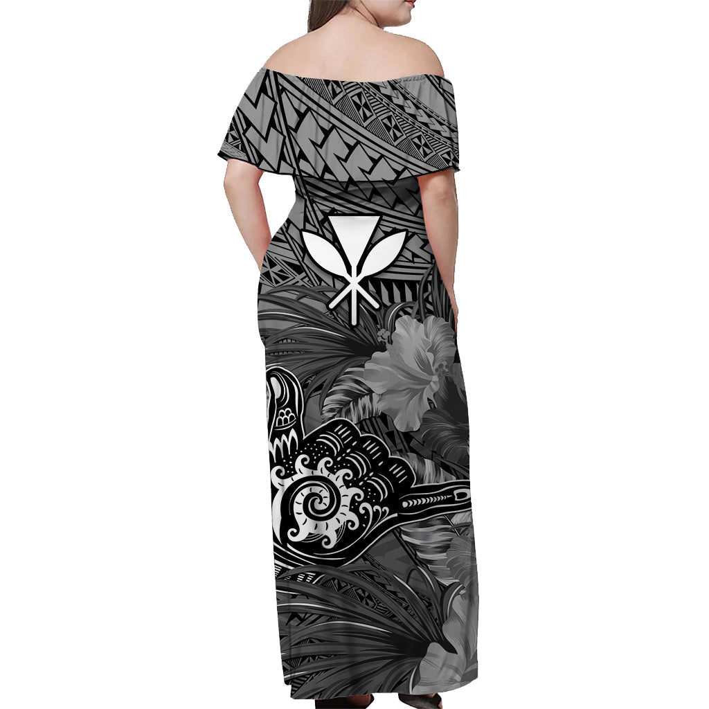 The Shaka Hawaii Off Shoulder Long Dress Tropical Flowers Gray Version