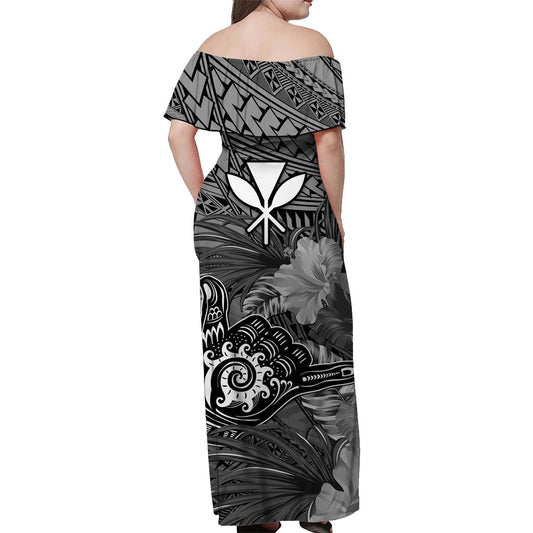 The Shaka Hawaii Off Shoulder Long Dress Tropical Flowers Gray Version