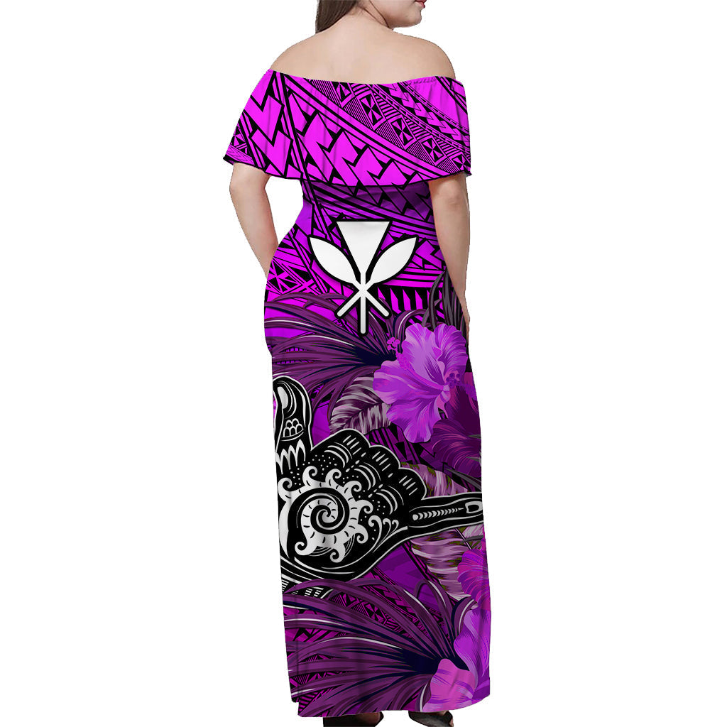 The Shaka Hawaii Off Shoulder Long Dress Tropical Flowers Purple Version