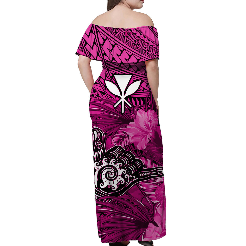 The Shaka Hawaii Off Shoulder Long Dress Tropical Flowers Pink Version