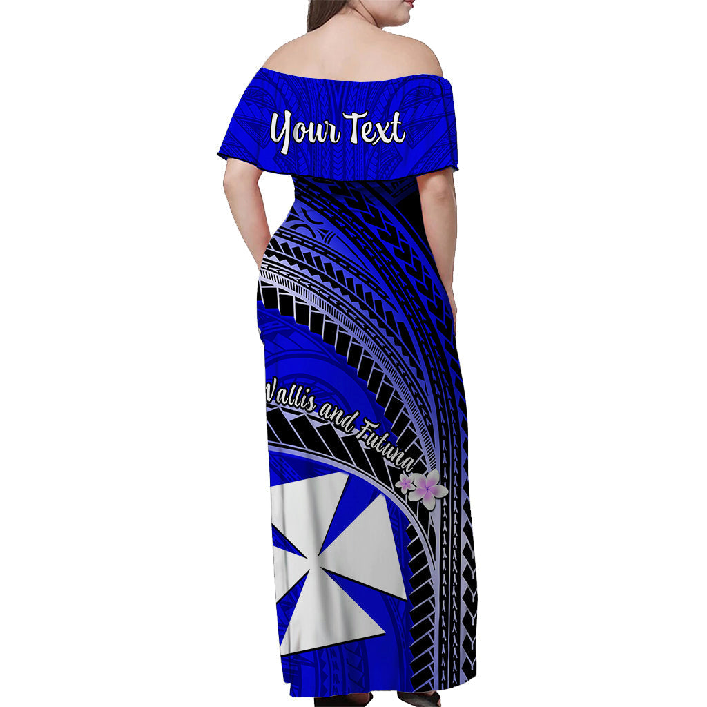 Custom Personalised Wallis And Futuna Off Shoulder Long Dress Plumeria Flowers With Blue Polynesian Pattern