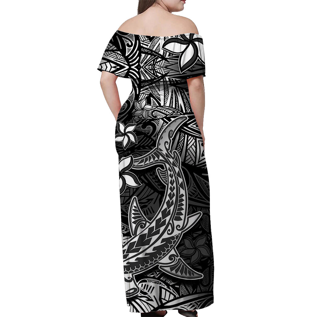 Polynesian Off Shoulder Long Dress Black Hawaiian Tribal Hammerhead Shark