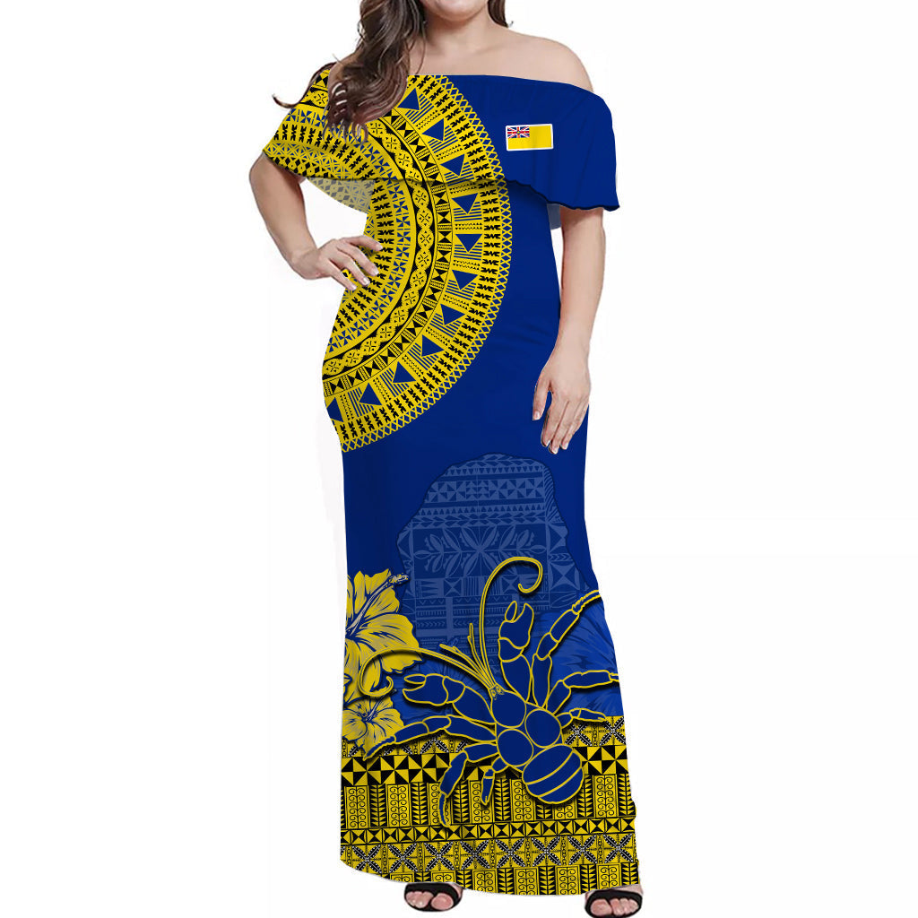 Niue Hiapo Off Shoulder Long Dress Rock of Polynesia Tapa Niuean Crab Happy Day
