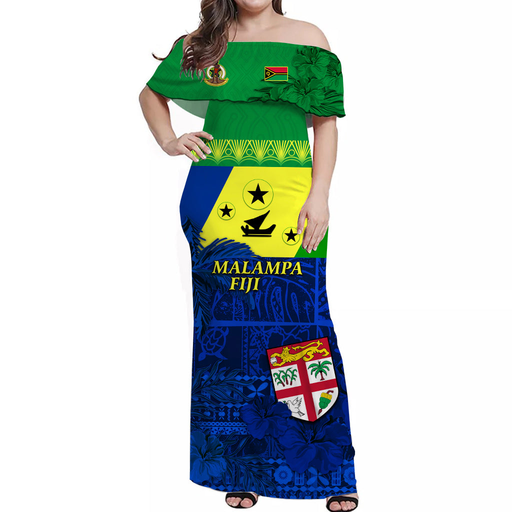 Malampa Fiji Day Off Shoulder Long Dress Vanuatu Polynesia mix Flowers
