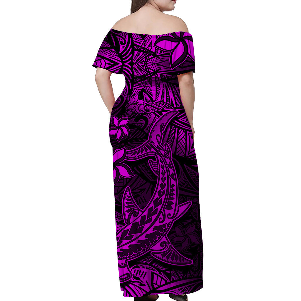 Polynesian Off Shoulder Long Dress Pink Hawaiian Tribal Hammerhead Shark