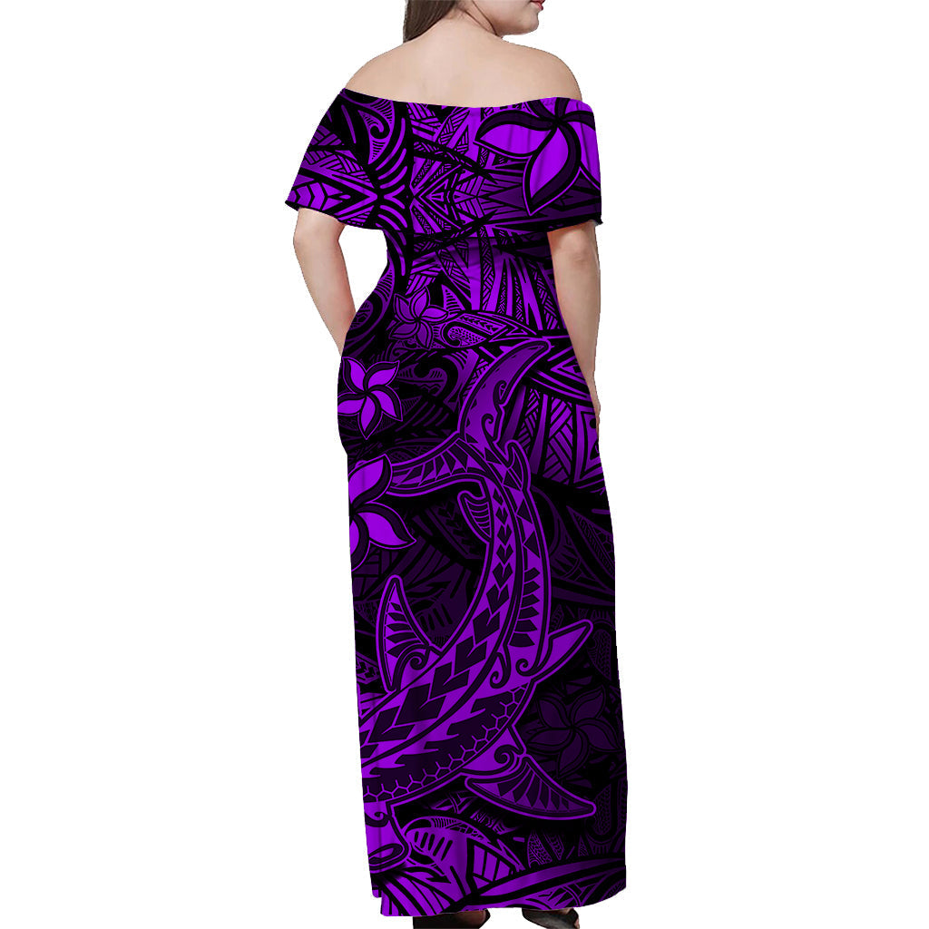 Polynesian Off Shoulder Long Dress Purple Hawaiian Tribal Hammerhead Shark