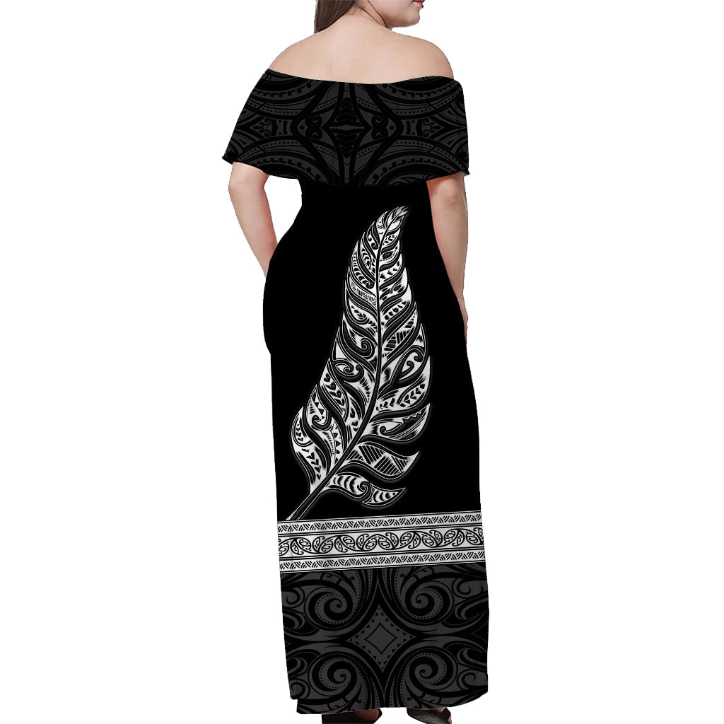 Custom Personalised New Zealand Off Shoulder Long Dress Maori Pattern Silver Fern Black