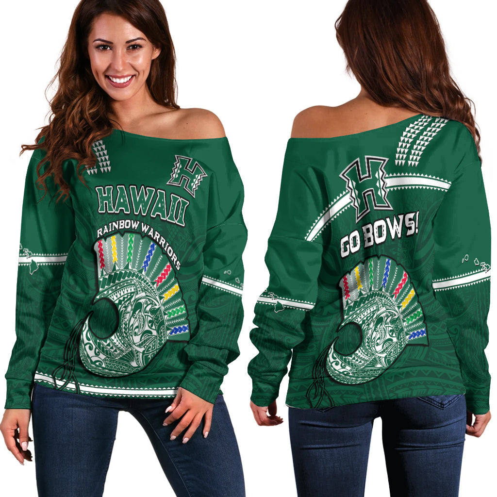 Hawaii Football Off Shoulder Sweater Kakau Rainbow Warriors Helmet Go Bows