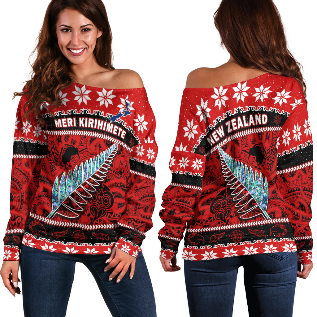 New Zealand Christmas Off Shoulder Sweater Paua Shell Silver Fern Meri Kirihimete