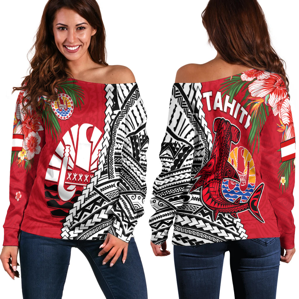 Tahiti Islands Off Shoulder Sweater Polynesian Shark Mix Tropical Flowers