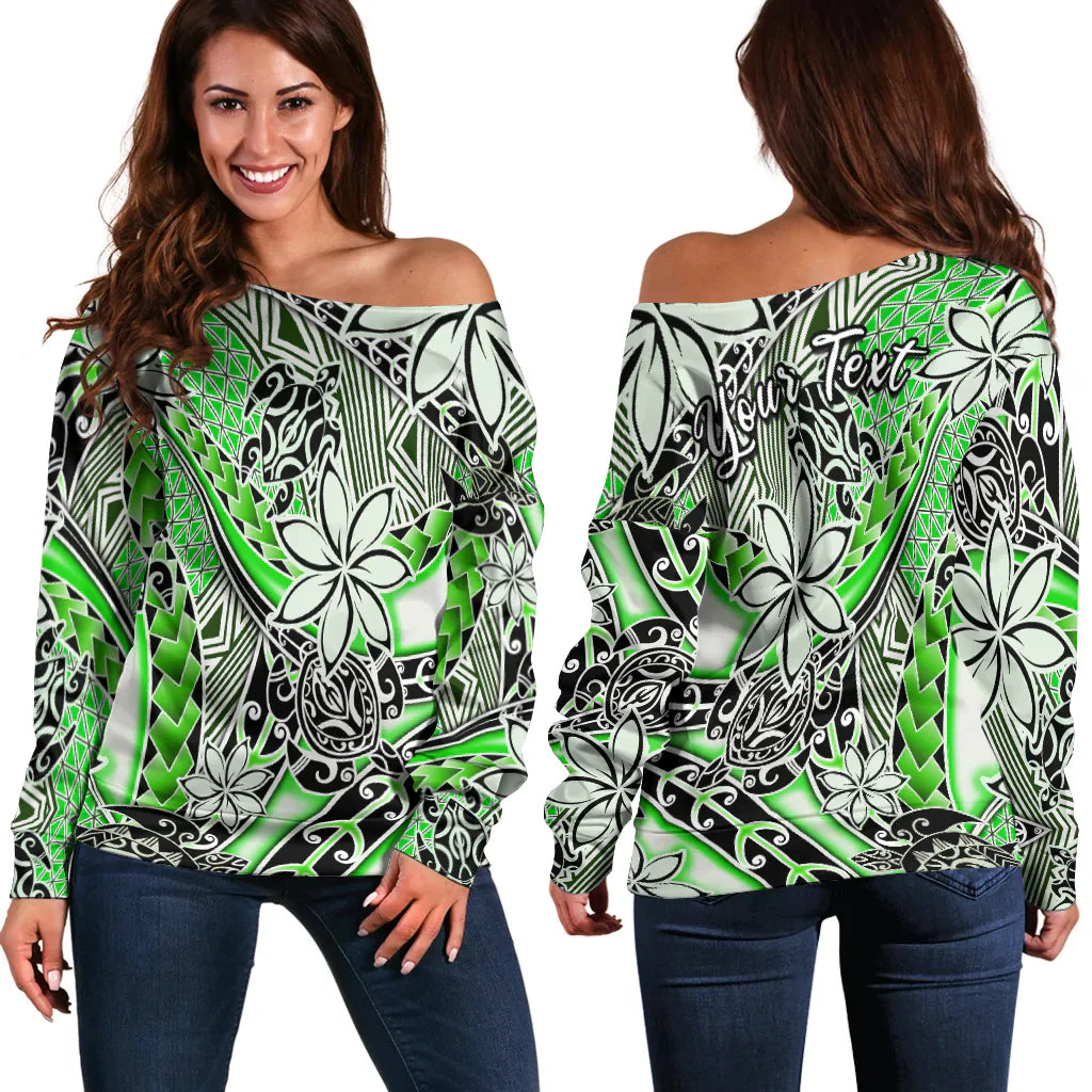 (Custom Personalised) Hawaii Off Shoulder Sweater Tribal Plumeria With Polynesian Turtle Ver.01