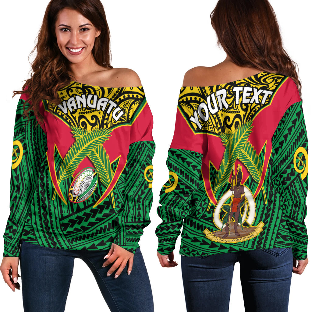 (Custom Personalised) Vanuatu Rugby Off Shoulder Sweater Coat Of Arms Polynesian Pattern