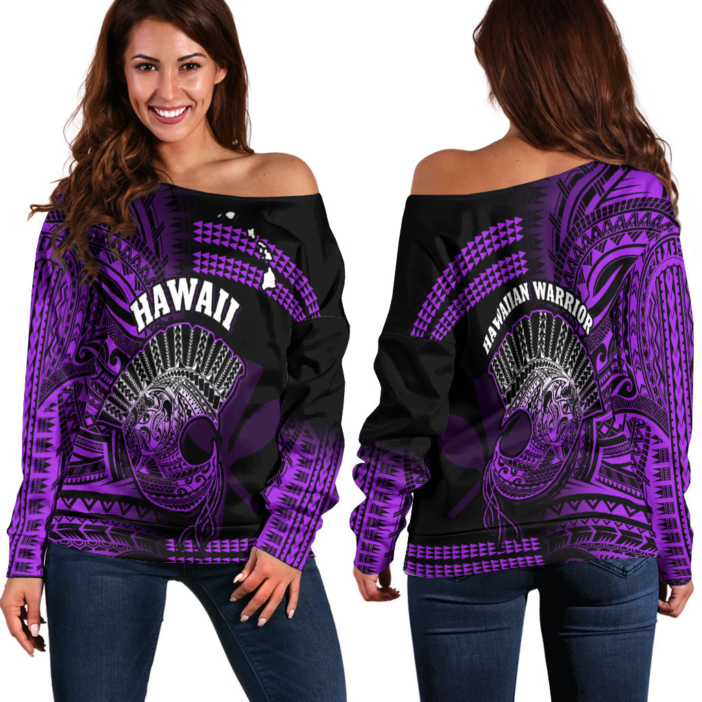 Hawaii Off Shoulder Sweater Kakau Warrior Helmet Gradient Purple Polynesian