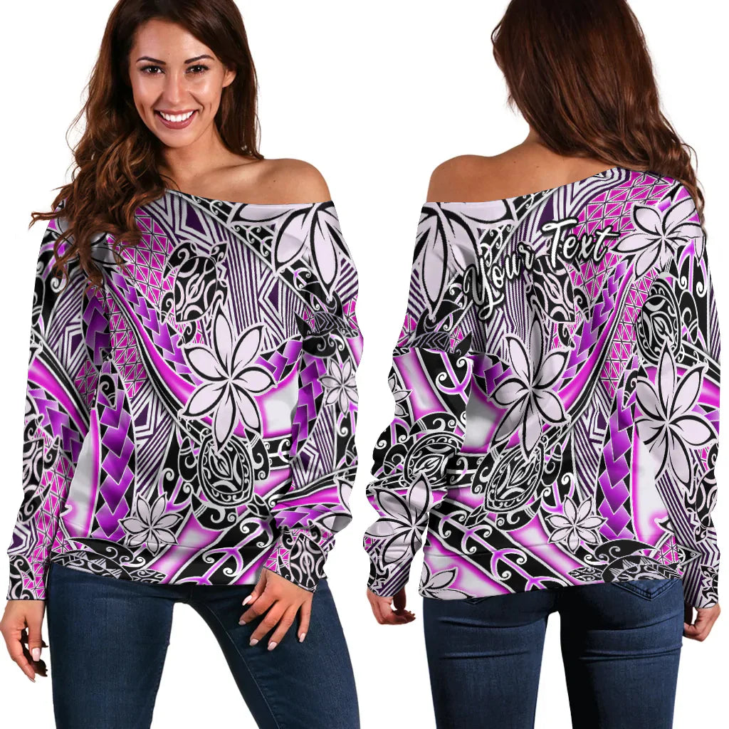(Custom Personalised) Hawaii Off Shoulder Sweater Tribal Plumeria With Polynesian Turtle Ver.02