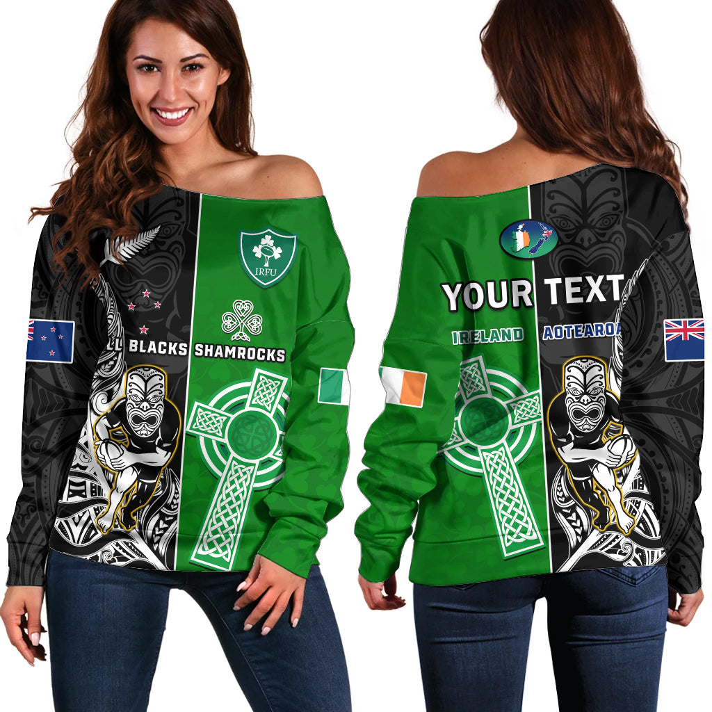(Custom Personalised) New Zealand And Ireland Rugby Off Shoulder Sweater All Black Maori Mix Shamrocks