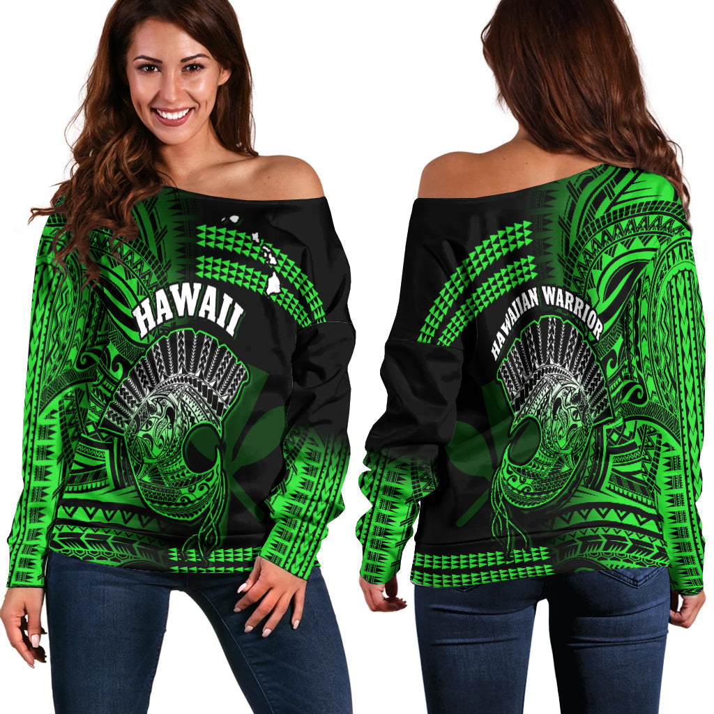 Hawaii Off Shoulder Sweater Kakau Warrior Helmet Gradient Green Polynesian
