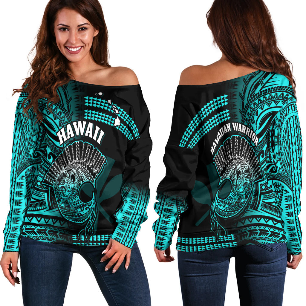 Hawaii Off Shoulder Sweater Kakau Warrior Helmet Gradient Turquoise Polynesian