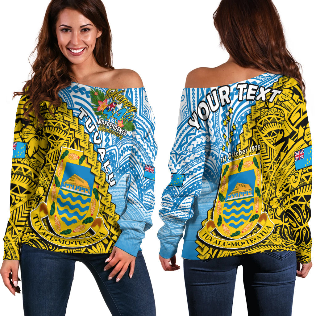 (Custom Personalised) Tuvalu 1978 Off Shoulder Sweater Happy 44th Independence Anniversary Polynesian Pattern