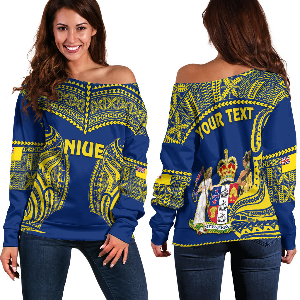 (Custom Personalised) Niue Off Shoulder Sweater Hiapo Mix Polynesian Happy Constitution Day