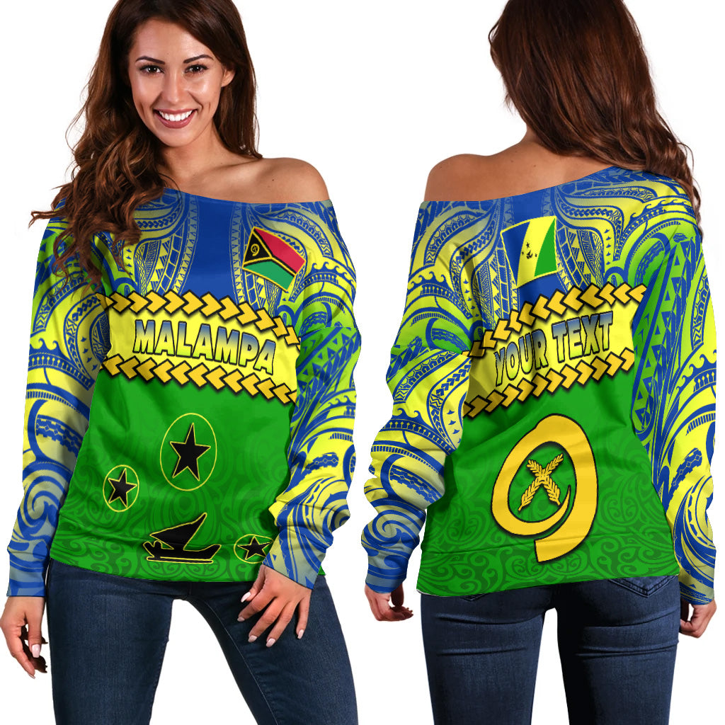 (Custom Personalised) Malampa Province Off Shoulder Sweater Vanuatu Pig Tusk Polynesian Flag Style