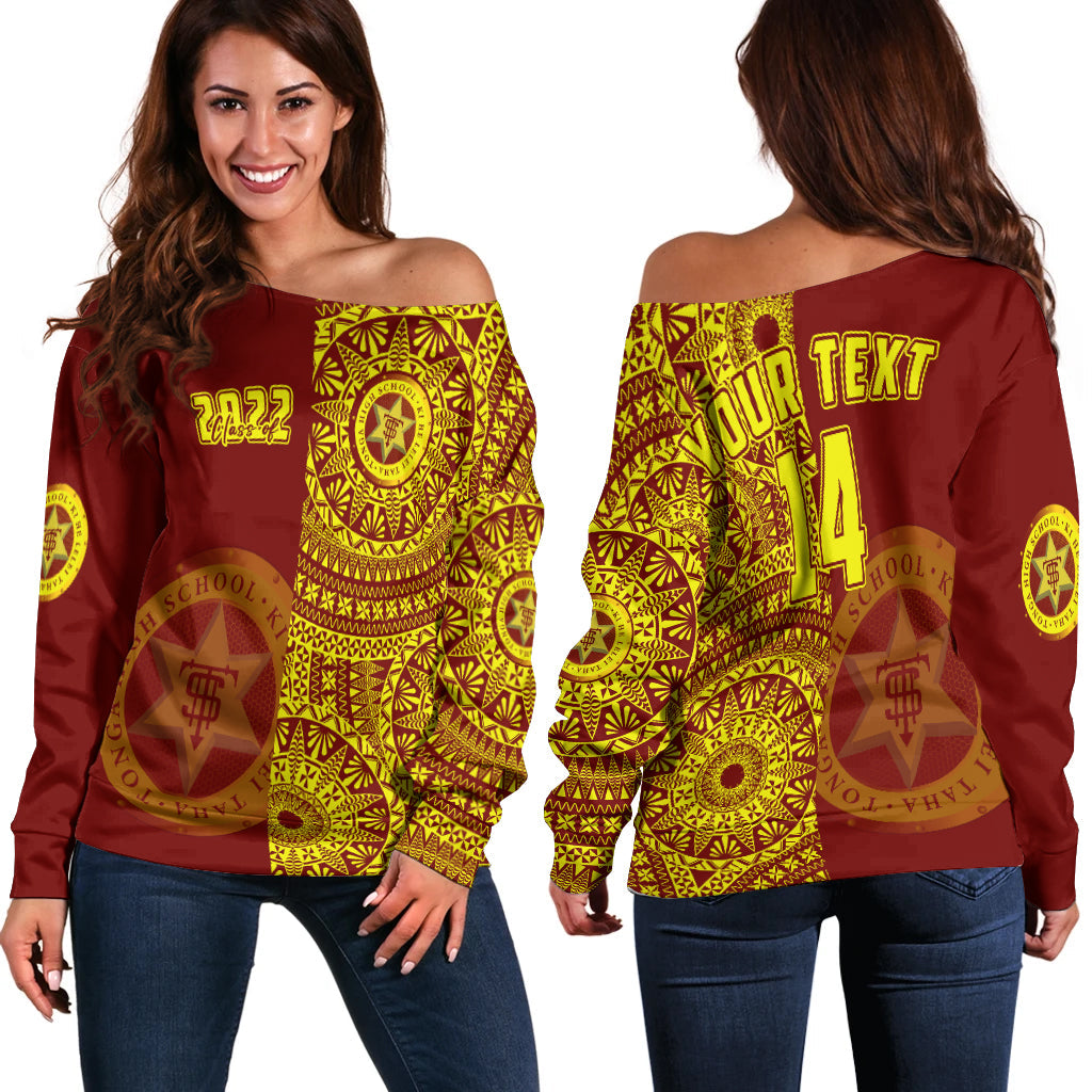 (Custom Text And Number) Tonga High School Off Shoulder Sweater Class Of Year Tongan Ngatu Pattern