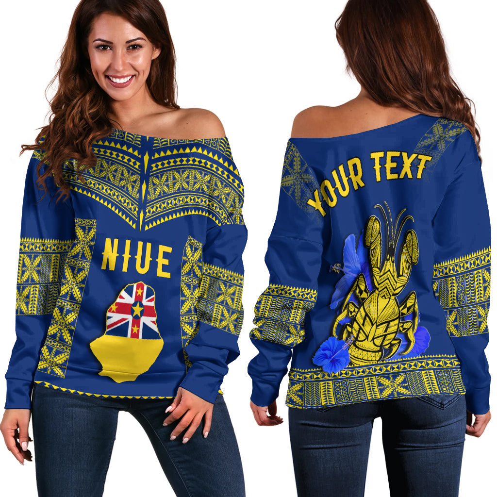 (Custom Personalised) Niue Off Shoulder Sweater Happy Constitution Day Niuean Hiapo Crab With Map