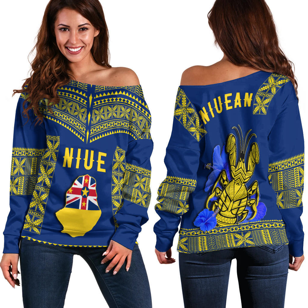 Niue Off Shoulder Sweater Happy Constitution Day Niuean Hiapo Crab With Map