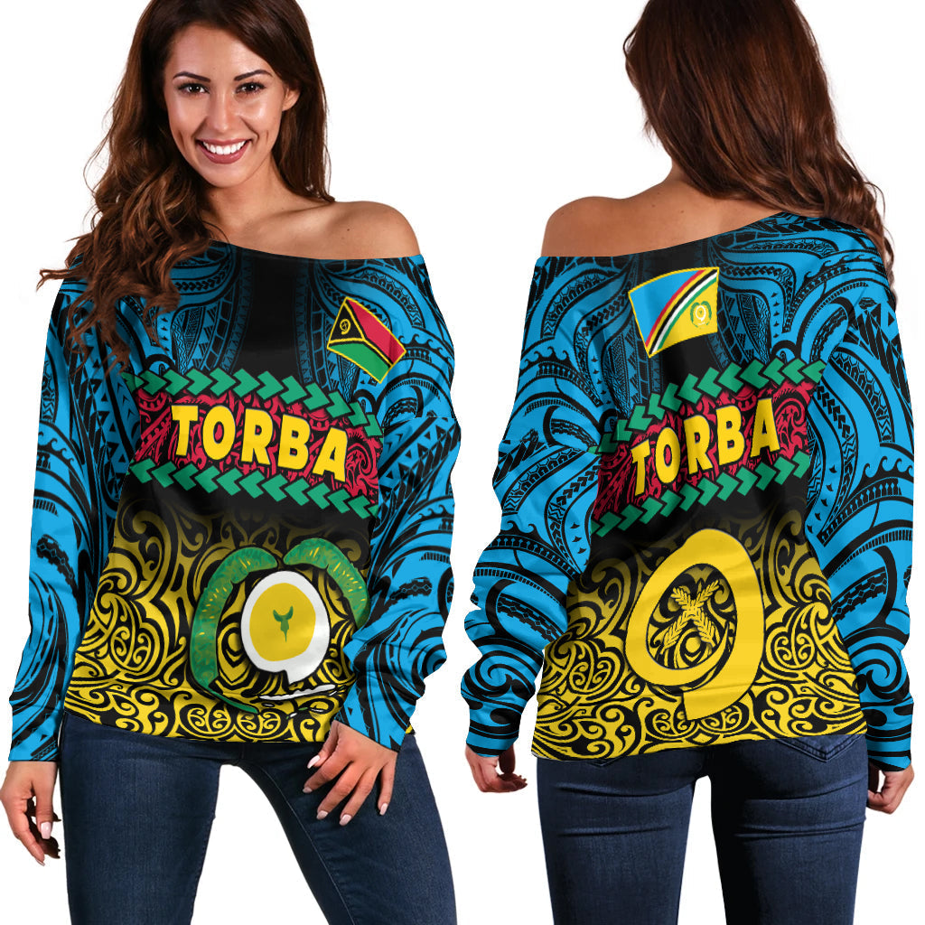 Torba Province Off Shoulder Sweater Vanuatu Pig Tusk Polynesian Flag Style