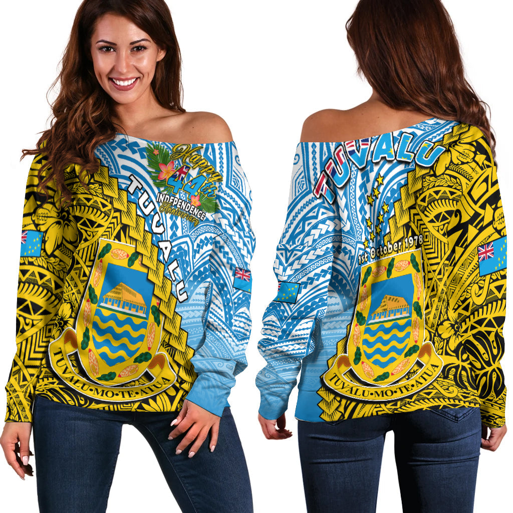 Tuvalu 1978 Off Shoulder Sweater Happy 44th Independence Anniversary Polynesian Pattern